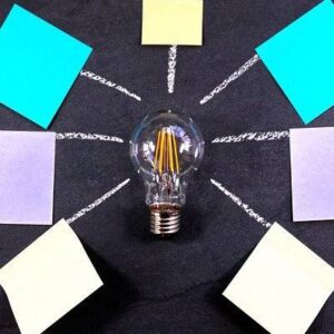 Lightbulb surrounded by colorful sticky notes arranged in a radial pattern, symbolizing inclusive brainstorming and neurodiverse idea generation